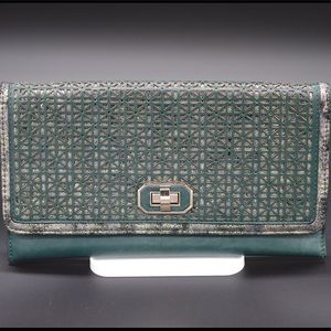 Green and Gold Patterned Front Flap Clutch